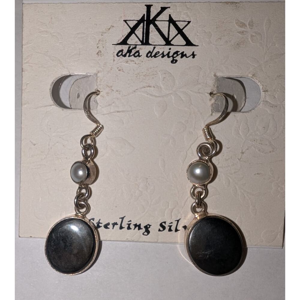 NWT AKA Designs 925 Sterling Silver Onyx Gray Stone Drop Dangle Earrings 2 inch